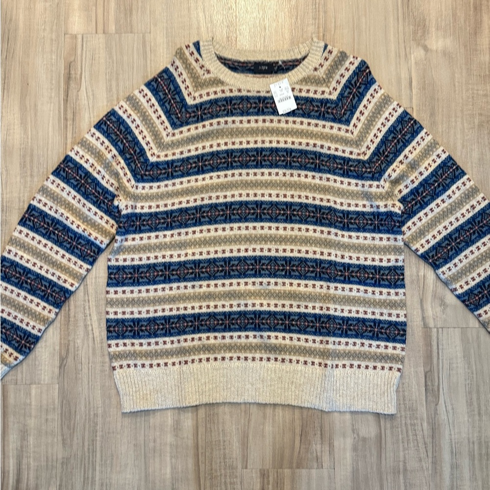 J Crew Patterned Sweater with Blue and Beige Stripes